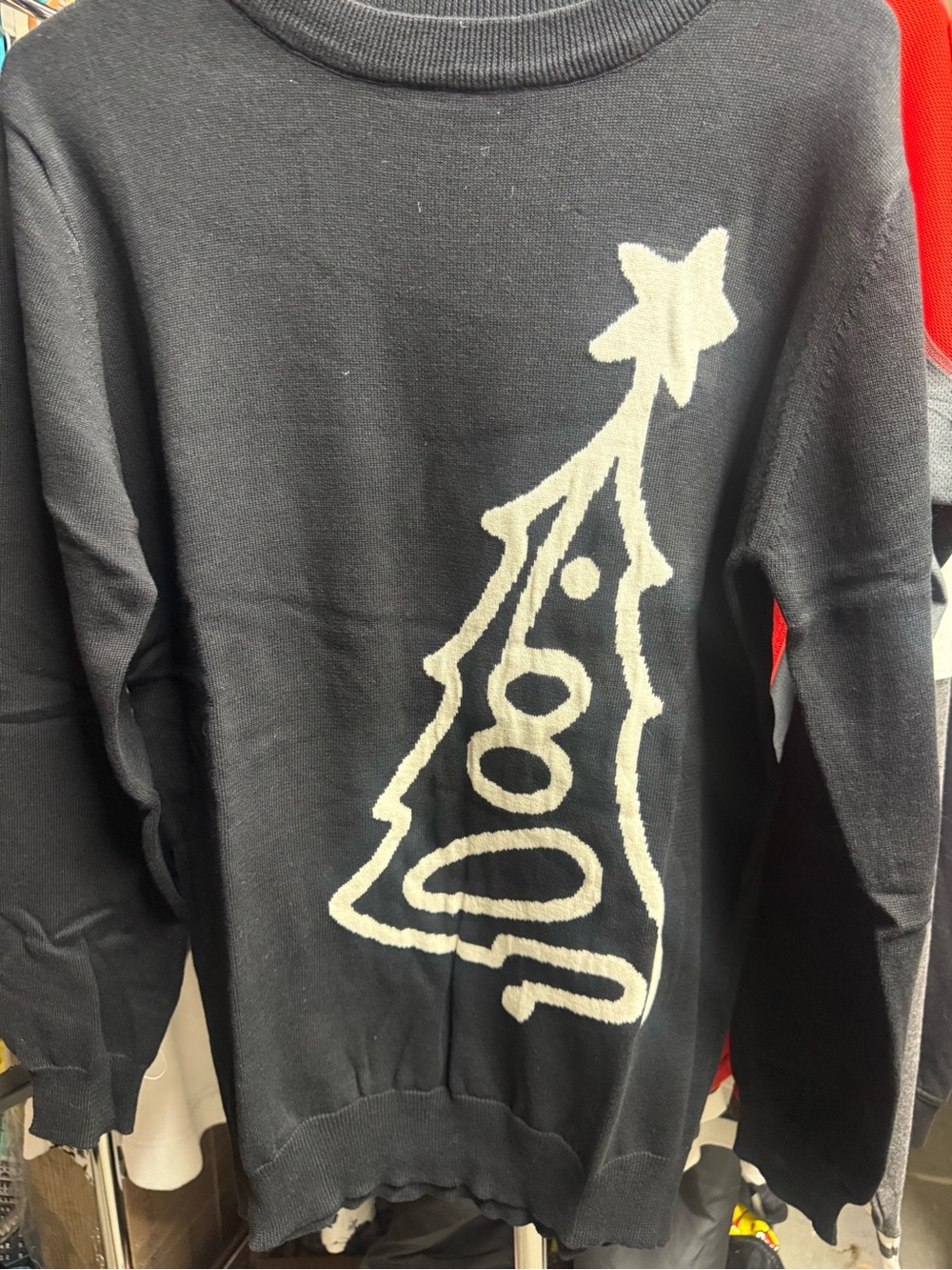 Women's Black Crewneck Sweater with Cream Tree Motif